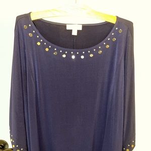 Michael Kors Batwing Plus Sized Navy Tunic with Gold Button Accents